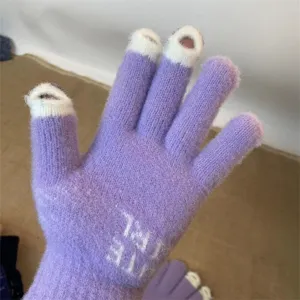 Women winter warm knitted gloves touchscreen three open fingers purple wool gloves.