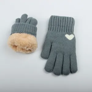 Thickened double-layer winter warm women's knitted wool gloves with plush lining.