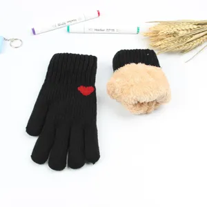 Women winter warm knit gloves thick fleece lined black cute heart mittens outdoor wear