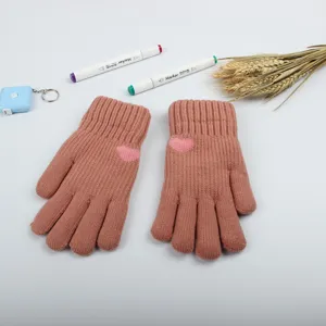 Winter warm knitted gloves for women, thick double layer soft fleece lined pink mittens.