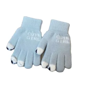 Women winter warm knit gloves cute cat paw touchscreen gloves light blue soft woolen