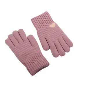 Women winter thick warm knitted gloves solid pink fleece lined cute heart pattern winter wear
