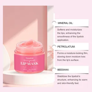 Vista detallada del tarro de mascarilla labial hidratante con ingredientes nutritivos mostrados.