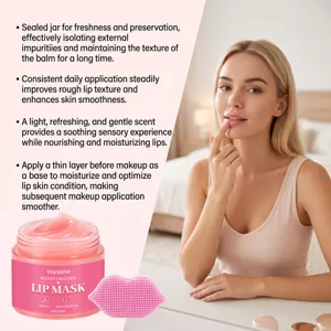 Primer plano del tarro de mascarilla labial hidratante rosa y detalles de textura.
