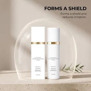 Ενυδατική κρέμη προσώπου με χρώμα SPF 46 σε λεπτομέρεια με λευκό μπουκάλι και συσκευασία.