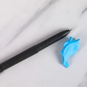 Black ballpoint pen with blue dolphin silicone grip for smooth writing stationery.