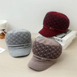 Women Winter Warm Knitted Hat Fleece Lined Thickened Earflap Peak Cap Casual Outdoor Windproof Knit Beanie Hat
