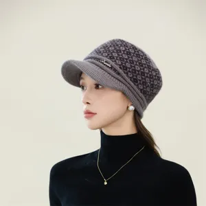Winter warm knitted visor hat for women, thick fleece-lined newsboy cap with geometric patterns.