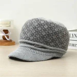 Winter warm knitted duckbill hat for elderly women, fleece lined thick grey cap.