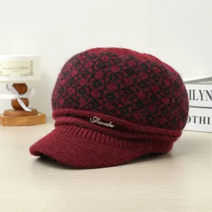 Winter warm knitted visor hat for women, fleece-lined elderly mother cap with metal decor