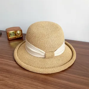 French style straw woven sun hat with bow rolled brim elegant summer beach hat for women