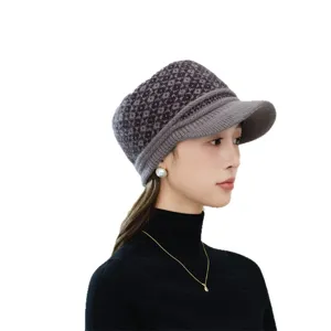 Winter warm knitted visor hat for elderly women, fleece-lined baker boy cap for daily use.