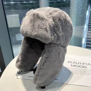 Winter warm grey plush trapper hat, thick windproof bomber hat with earflaps for adults.