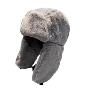 Unisex Solid Color Ushanka Bomber Hat Winter Warm Thickened Ear Flap Trapper Hat Grey