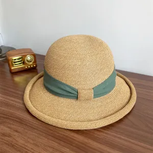 French style woven straw hat with green ribbon bow, elegant rolled brim sun hat for women summer.