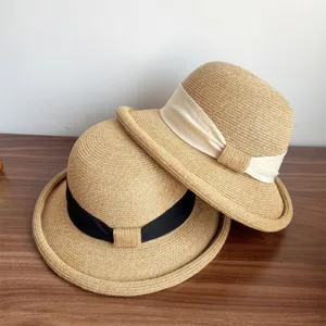 French Vintage Paper Straw Sun Hat Women Summer Wide Brim Elegant Bowknot Beach Hat