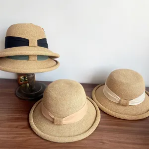 French straw sun hat with bow rolled edge elegant summer beach sunhat for women and ladies