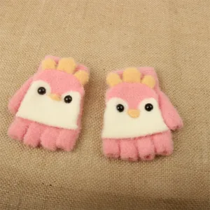 Close-up detail of cute pink knit winter gloves featuring adorable cartoon animal design.