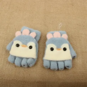 Cute winter children half finger flip gloves knitted warm cute cartoon penguin mittens for kids