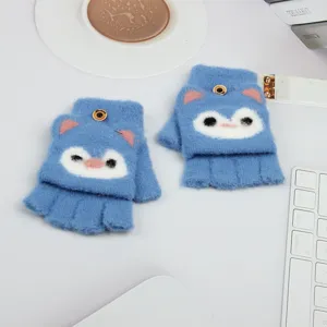 Guanti invernali in maglia a mezze diti per bambini, simpatico design con gatto cartoon.
