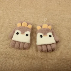 Cute children knit half finger gloves detail showcasing soft wool material and adorable animal face.