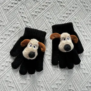 Cute cartoon dog knitted gloves for kids, winter warm five-finger gloves with plush puppy design.