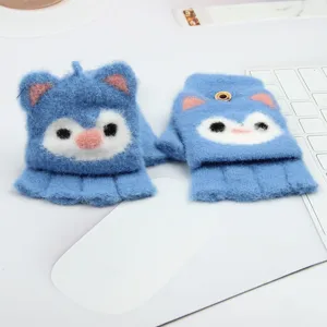 Guanti carini in peluche blu con disegno di animali, mezze dita, caldi per bambini in inverno.