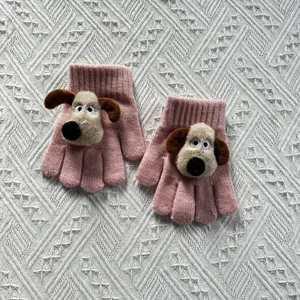 Kids winter knitted gloves cute cartoon dog plush five finger warm gloves pink detail