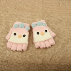 Cute kids winter half finger knit gloves warm fleece lined cartoon design for daily wear