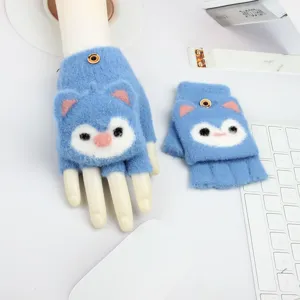 Bambini inverno simpatico cartone animato maglia mezza dito guanti caldi blu paio