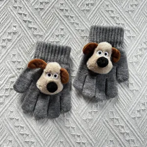 Cute knit children gloves with 3D cartoon dog design, warm winter finger gloves for kids.
