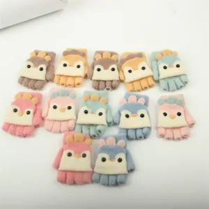 Cute cartoon animal knit half-finger flip gloves for kids winter warm wear details.