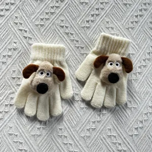 Winter children cute cartoon puppy knitted five-finger gloves warm cozy baby kids mittens.