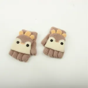 Cute winter knitted half-finger flip gloves for kids, warm wool mittens for boys and girls.