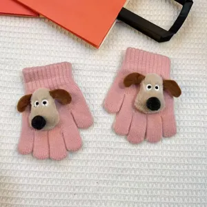 Cute cartoon dog plush kids winter knit gloves warm five-finger knitted mittens for boys and girls