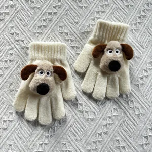 Kids winter knit gloves with cute 3D cartoon dog plush design, warm five finger gloves.