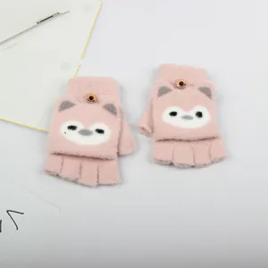 Bambini inverno carino maglia flip mezza dita guanti caldo spesso cartone animato mitten ragazzi
