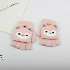Simpatici guanti invernali caldi in maglia per bambini mezze dita rosa volpe carini