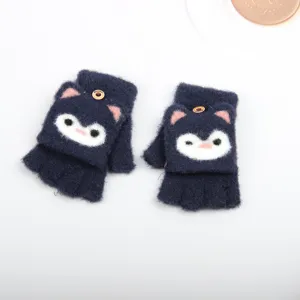 Guanti in maglia a metà dito convertibili caldi invernali per bambini simpatico gatto blu