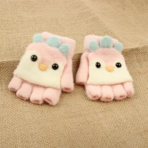 Kids cute knit fingerless gloves details, soft warm winter pink cartoon animal design.