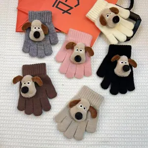 Childrens winter cute cartoon puppy knitted five-finger gloves warm kids mittens set