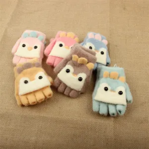 Children Winter Warm Knit Half Finger Flip Gloves Cute Cartoon Animal Design Thickened Student Convertible Mittens