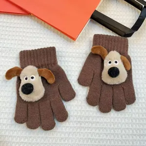 Cute cartoon dog winter knitted gloves for kids, warm and cozy five-finger children gloves.