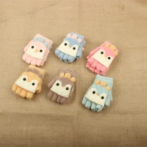 Cute kids half finger flip knit gloves close up details colorful animal winter warm mittens