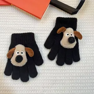 Cute cartoon dog kids winter knit gloves warm five-finger plush children mittens