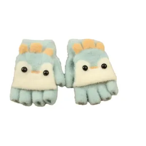 Cute kids winter warm half-finger knit convertible gloves with lovely cartoon design for boys girls