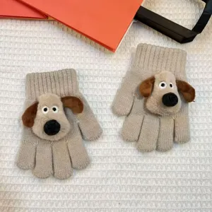 Cute winter knit gloves for kids with 3d plush puppy design, warm toddler five-finger mittens.