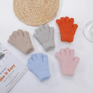 Children winter knitted gloves detail view, five colors warm woolen gloves for kids daily.
