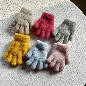 Children Winter Warm Knitted Gloves Fleece Thickened Double-Layer Solid Color Kids Cold Weather Mittens