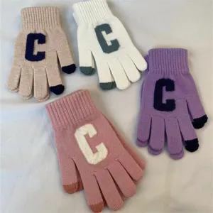 Détails des gants tactiles en tricot, couleur unie, lettre C, cinq doigts chauds.